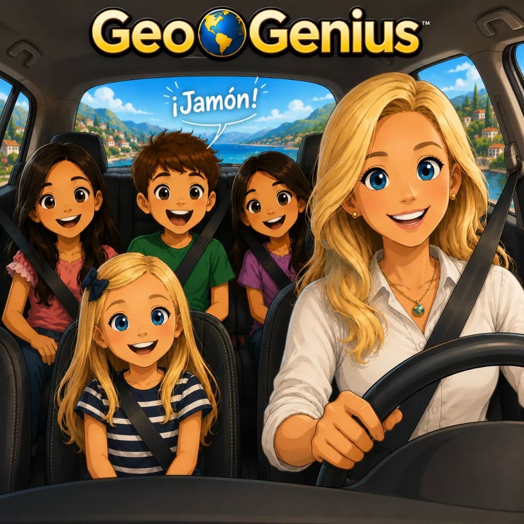 Ilustración del origen de GeoGenius: familia en el carro camino a clase de arte